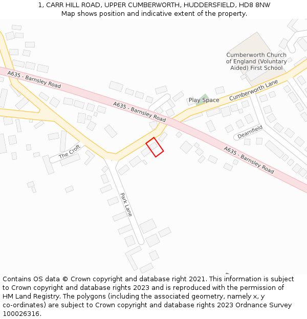 1, CARR HILL ROAD, UPPER CUMBERWORTH, HUDDERSFIELD, HD8 8NW: Location map and indicative extent of plot
