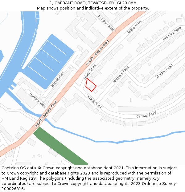 1, CARRANT ROAD, TEWKESBURY, GL20 8AA: Location map and indicative extent of plot