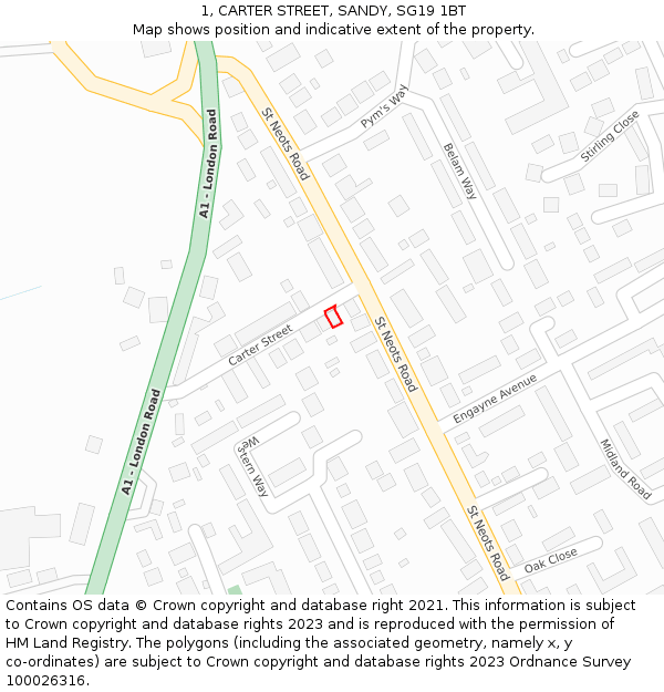 1, CARTER STREET, SANDY, SG19 1BT: Location map and indicative extent of plot