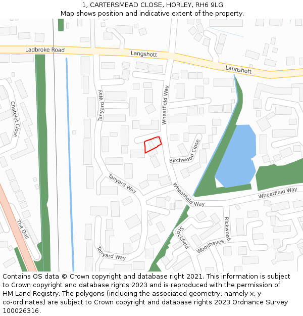 1, CARTERSMEAD CLOSE, HORLEY, RH6 9LG: Location map and indicative extent of plot