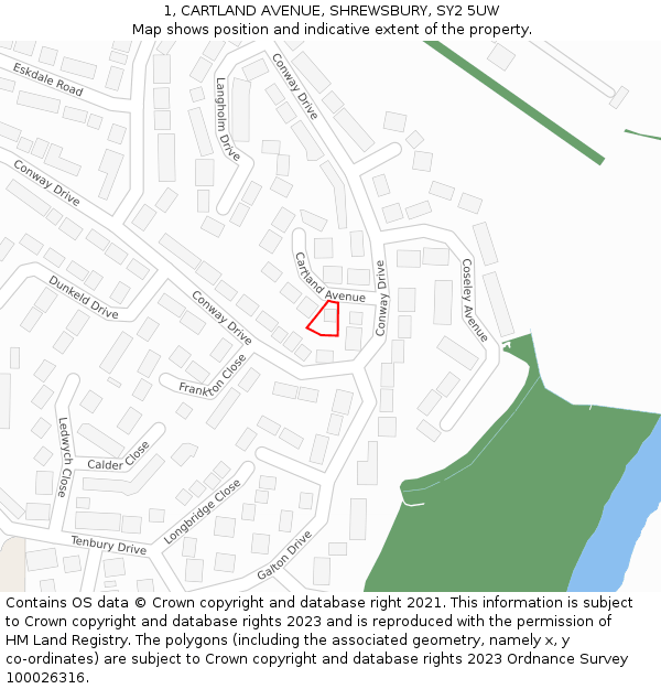 1, CARTLAND AVENUE, SHREWSBURY, SY2 5UW: Location map and indicative extent of plot