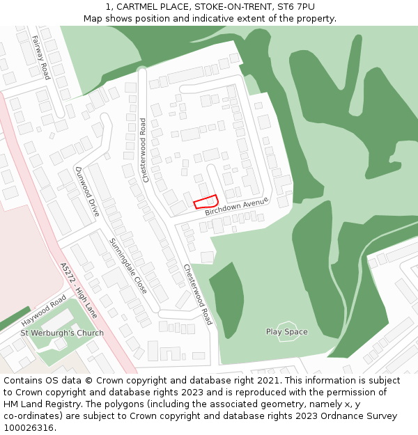 1, CARTMEL PLACE, STOKE-ON-TRENT, ST6 7PU: Location map and indicative extent of plot