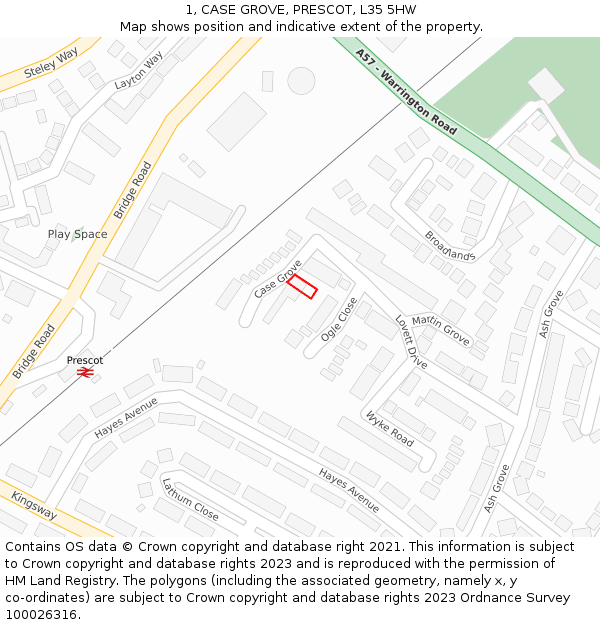 1, CASE GROVE, PRESCOT, L35 5HW: Location map and indicative extent of plot