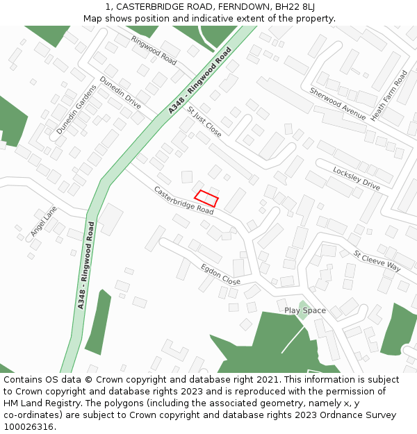 1, CASTERBRIDGE ROAD, FERNDOWN, BH22 8LJ: Location map and indicative extent of plot