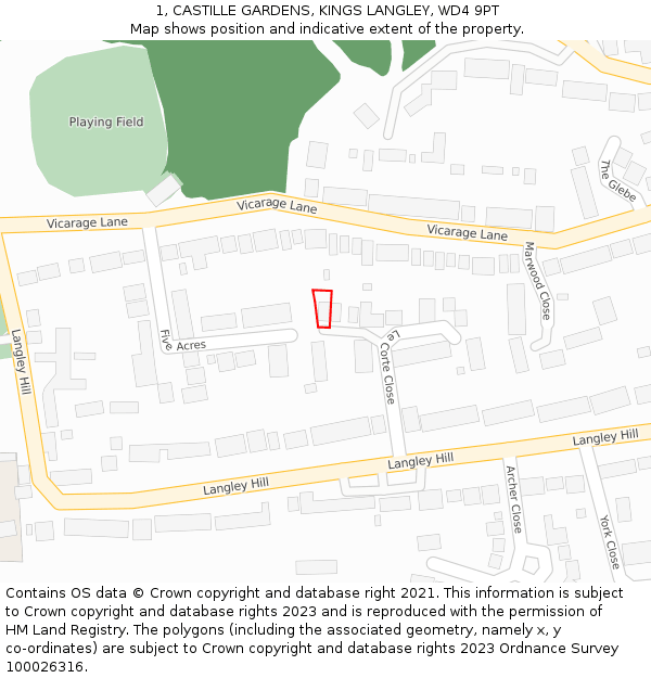 1, CASTILLE GARDENS, KINGS LANGLEY, WD4 9PT: Location map and indicative extent of plot