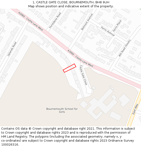 1, CASTLE GATE CLOSE, BOURNEMOUTH, BH8 9UH: Location map and indicative extent of plot