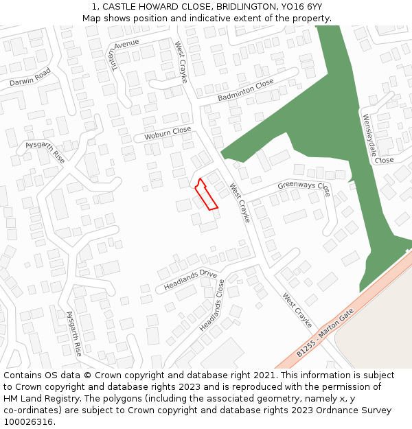 1, CASTLE HOWARD CLOSE, BRIDLINGTON, YO16 6YY: Location map and indicative extent of plot