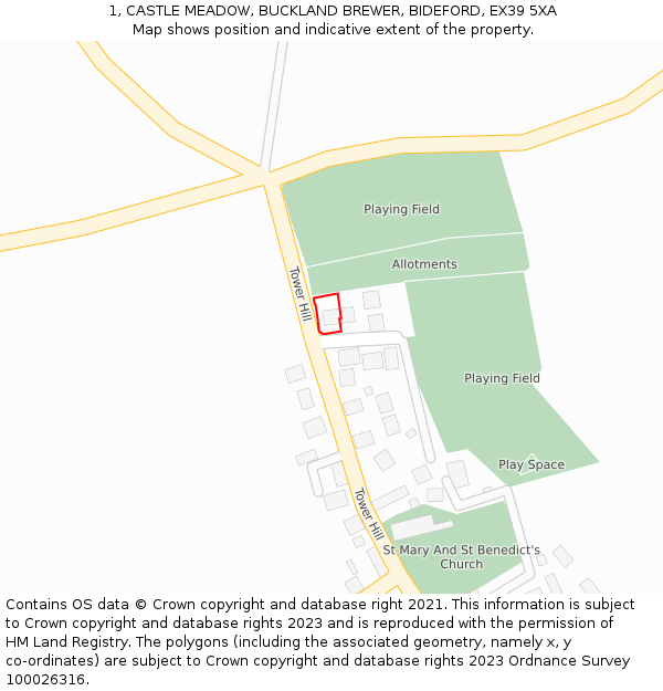 1, CASTLE MEADOW, BUCKLAND BREWER, BIDEFORD, EX39 5XA: Location map and indicative extent of plot