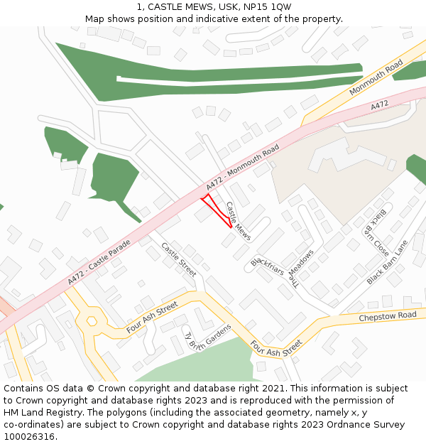 1, CASTLE MEWS, USK, NP15 1QW: Location map and indicative extent of plot