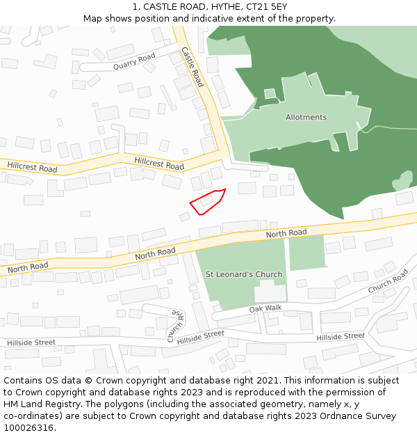 1, CASTLE ROAD, HYTHE, CT21 5EY: Location map and indicative extent of plot