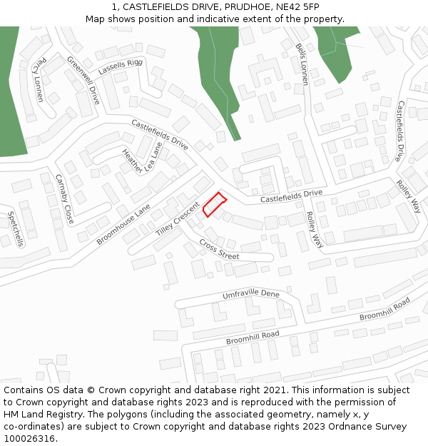 1, CASTLEFIELDS DRIVE, PRUDHOE, NE42 5FP: Location map and indicative extent of plot