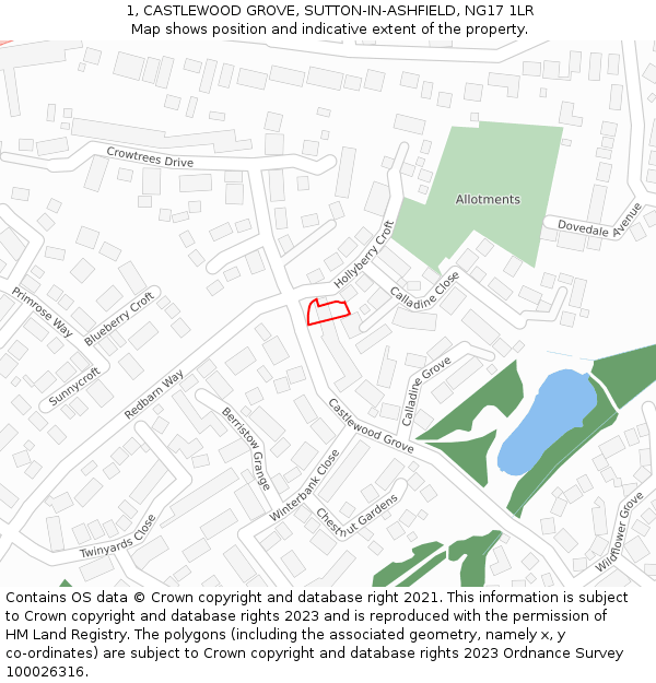 1, CASTLEWOOD GROVE, SUTTON-IN-ASHFIELD, NG17 1LR: Location map and indicative extent of plot