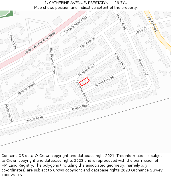 1, CATHERINE AVENUE, PRESTATYN, LL19 7YU: Location map and indicative extent of plot