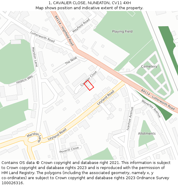 1, CAVALIER CLOSE, NUNEATON, CV11 4XH: Location map and indicative extent of plot