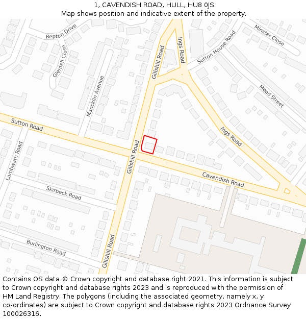 1, CAVENDISH ROAD, HULL, HU8 0JS: Location map and indicative extent of plot