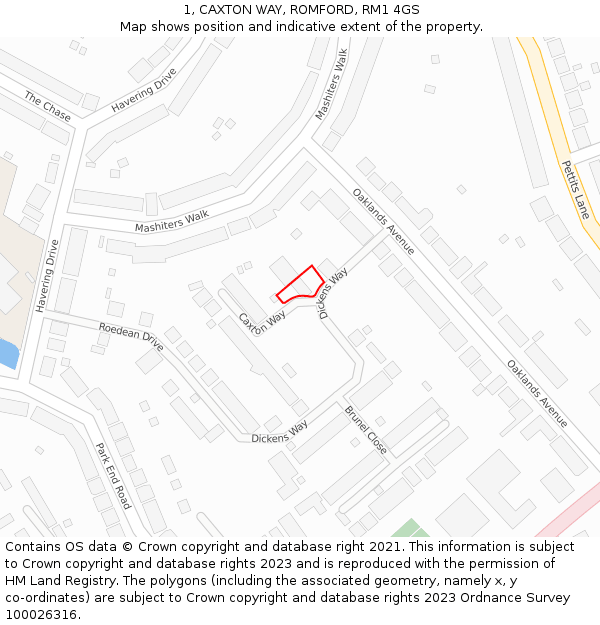 1, CAXTON WAY, ROMFORD, RM1 4GS: Location map and indicative extent of plot