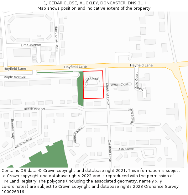 1, CEDAR CLOSE, AUCKLEY, DONCASTER, DN9 3LH: Location map and indicative extent of plot