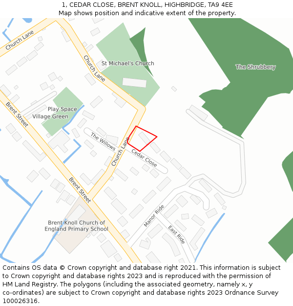 1, CEDAR CLOSE, BRENT KNOLL, HIGHBRIDGE, TA9 4EE: Location map and indicative extent of plot