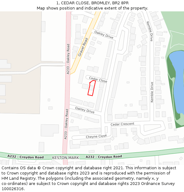 1, CEDAR CLOSE, BROMLEY, BR2 8PR: Location map and indicative extent of plot