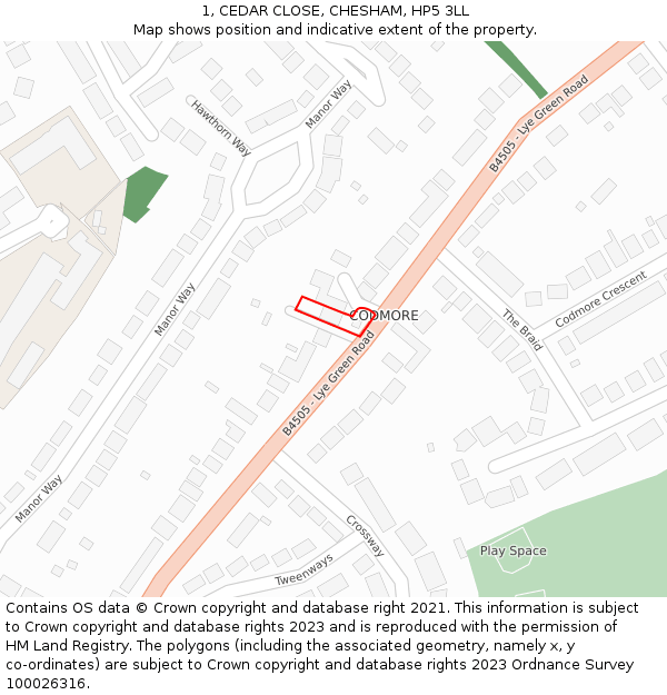 1, CEDAR CLOSE, CHESHAM, HP5 3LL: Location map and indicative extent of plot