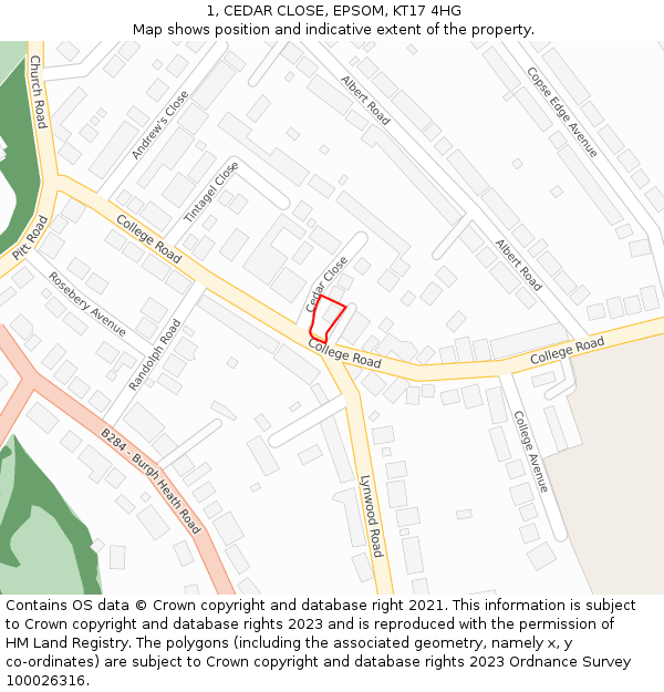 1, CEDAR CLOSE, EPSOM, KT17 4HG: Location map and indicative extent of plot