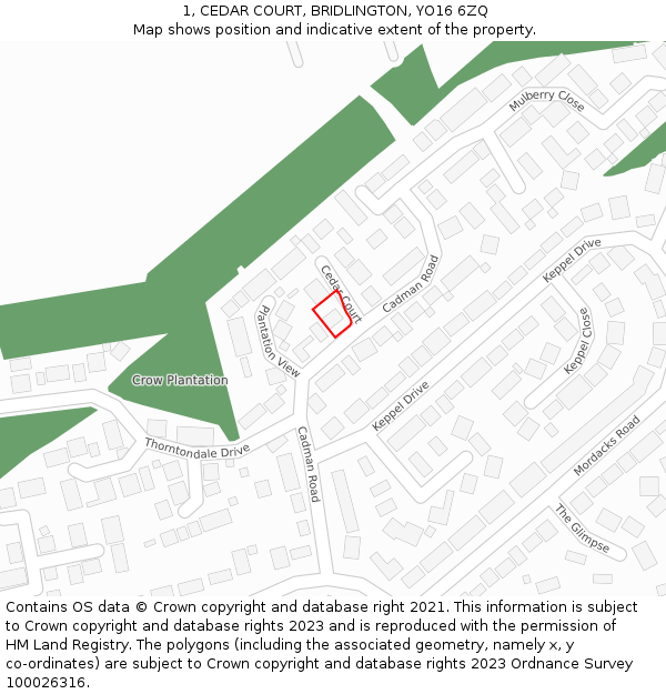 1, CEDAR COURT, BRIDLINGTON, YO16 6ZQ: Location map and indicative extent of plot