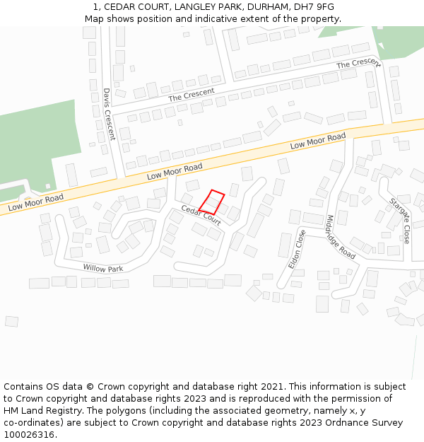 1, CEDAR COURT, LANGLEY PARK, DURHAM, DH7 9FG: Location map and indicative extent of plot