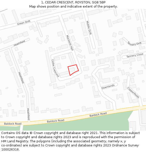 1, CEDAR CRESCENT, ROYSTON, SG8 5BP: Location map and indicative extent of plot
