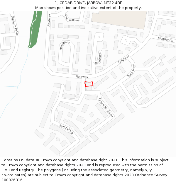 1, CEDAR DRIVE, JARROW, NE32 4BF: Location map and indicative extent of plot
