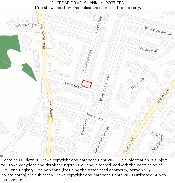 1, CEDAR DRIVE, SHANKLIN, PO37 7ED: Location map and indicative extent of plot