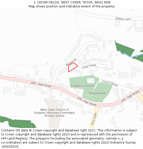 1, CEDAR FIELDS, WEST COKER, YEOVIL, BA22 9DB: Location map and indicative extent of plot