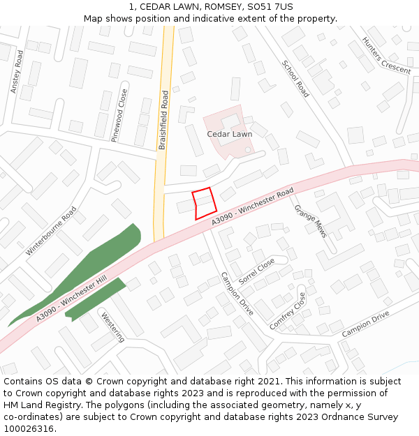 1, CEDAR LAWN, ROMSEY, SO51 7US: Location map and indicative extent of plot