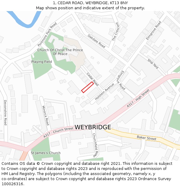 1, CEDAR ROAD, WEYBRIDGE, KT13 8NY: Location map and indicative extent of plot