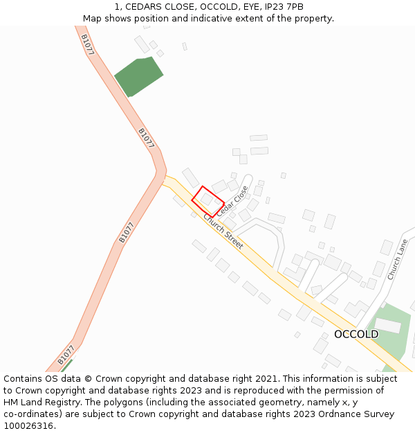 1, CEDARS CLOSE, OCCOLD, EYE, IP23 7PB: Location map and indicative extent of plot