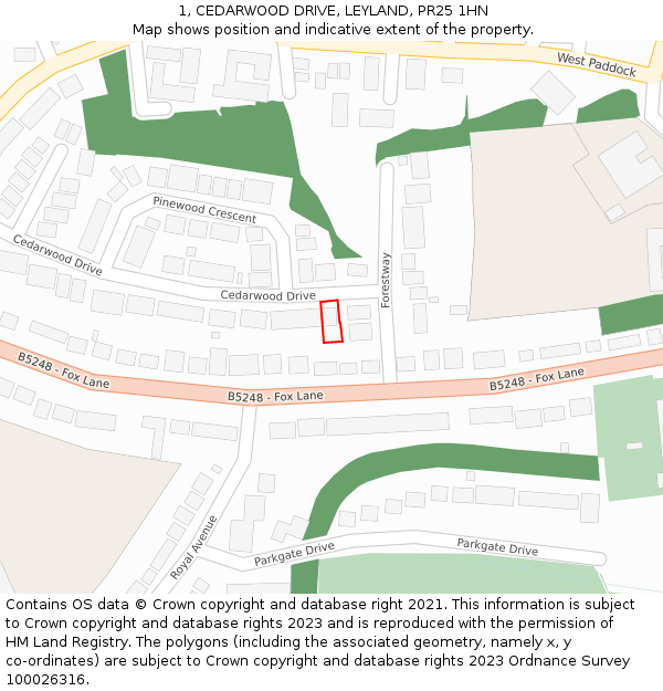 1, CEDARWOOD DRIVE, LEYLAND, PR25 1HN: Location map and indicative extent of plot