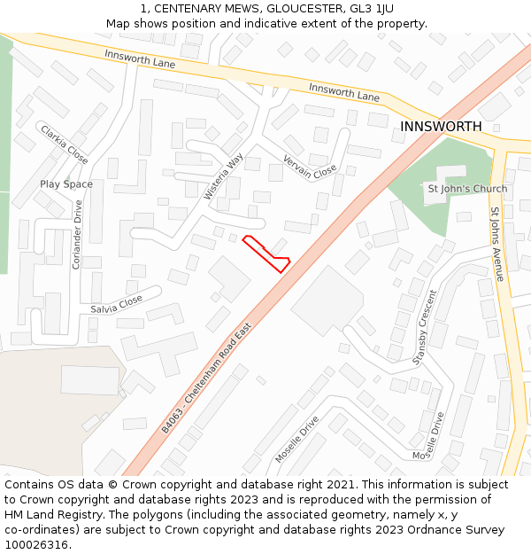 1, CENTENARY MEWS, GLOUCESTER, GL3 1JU: Location map and indicative extent of plot