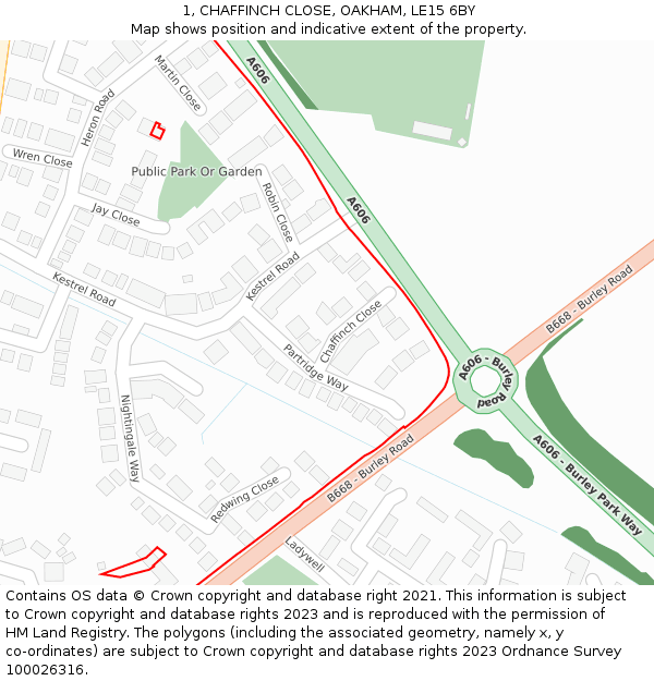 1, CHAFFINCH CLOSE, OAKHAM, LE15 6BY: Location map and indicative extent of plot