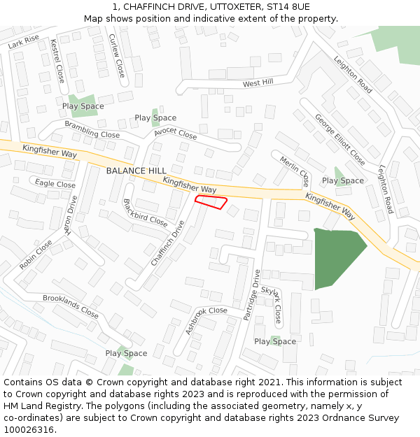 1, CHAFFINCH DRIVE, UTTOXETER, ST14 8UE: Location map and indicative extent of plot