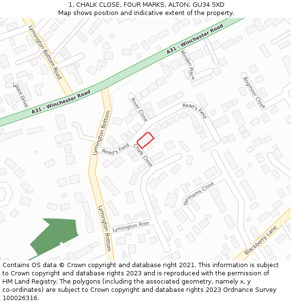 1, CHALK CLOSE, FOUR MARKS, ALTON, GU34 5XD: Location map and indicative extent of plot