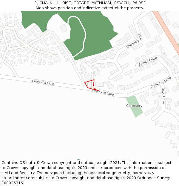 1, CHALK HILL RISE, GREAT BLAKENHAM, IPSWICH, IP6 0SF: Location map and indicative extent of plot