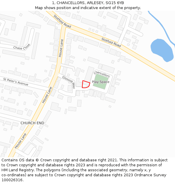 1, CHANCELLORS, ARLESEY, SG15 6YB: Location map and indicative extent of plot