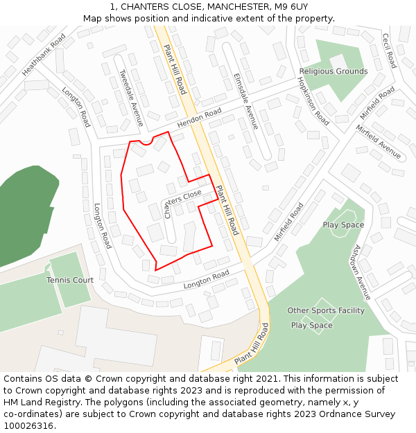 1, CHANTERS CLOSE, MANCHESTER, M9 6UY: Location map and indicative extent of plot