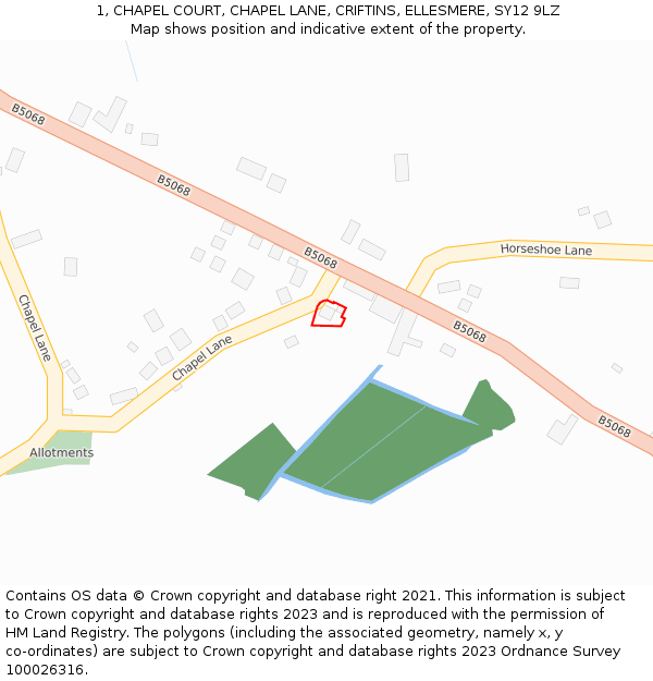 1, CHAPEL COURT, CHAPEL LANE, CRIFTINS, ELLESMERE, SY12 9LZ: Location map and indicative extent of plot