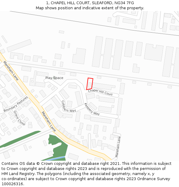 1, CHAPEL HILL COURT, SLEAFORD, NG34 7FG: Location map and indicative extent of plot