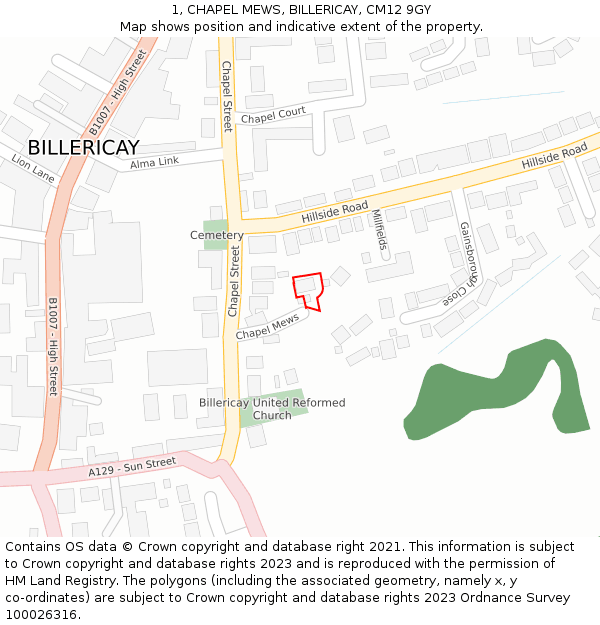 1, CHAPEL MEWS, BILLERICAY, CM12 9GY: Location map and indicative extent of plot