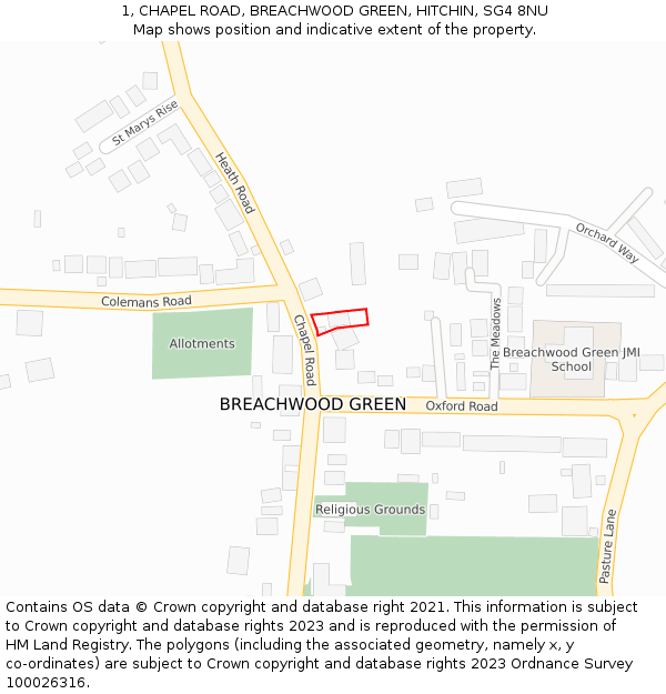 1, CHAPEL ROAD, BREACHWOOD GREEN, HITCHIN, SG4 8NU: Location map and indicative extent of plot