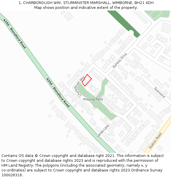 1, CHARBOROUGH WAY, STURMINSTER MARSHALL, WIMBORNE, BH21 4DH: Location map and indicative extent of plot