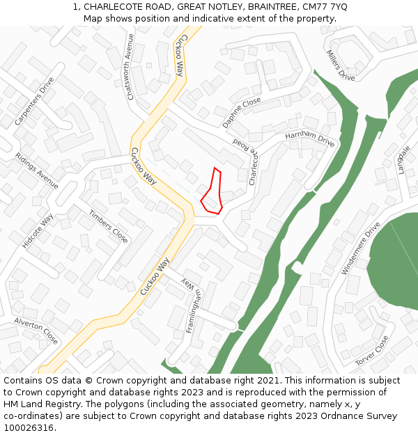 1, CHARLECOTE ROAD, GREAT NOTLEY, BRAINTREE, CM77 7YQ: Location map and indicative extent of plot