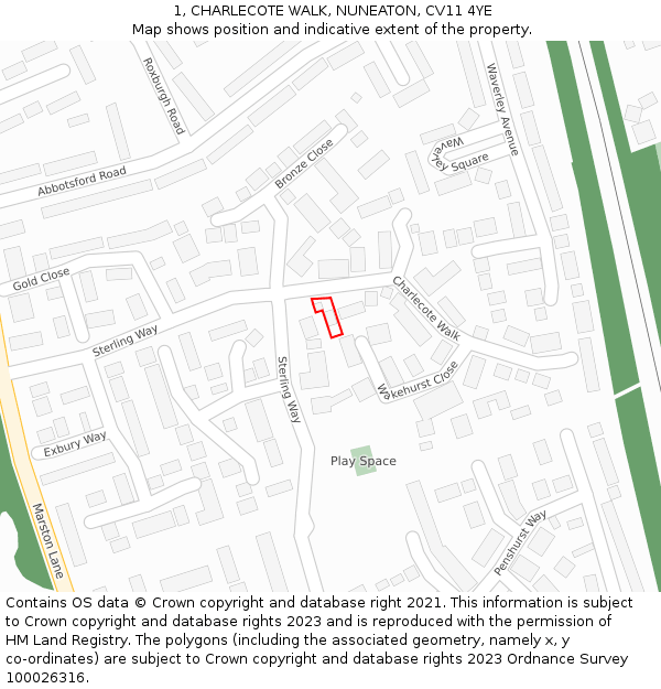 1, CHARLECOTE WALK, NUNEATON, CV11 4YE: Location map and indicative extent of plot