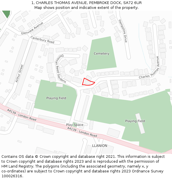 1, CHARLES THOMAS AVENUE, PEMBROKE DOCK, SA72 6UR: Location map and indicative extent of plot